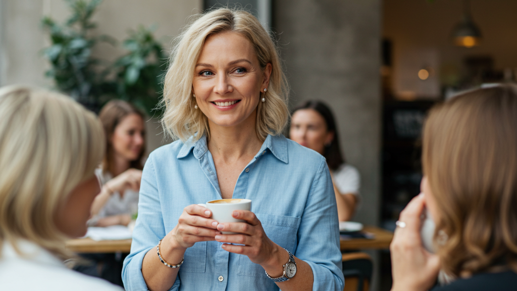 Woman drinking coffee with friends