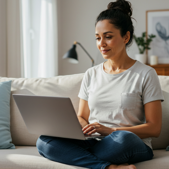Woman in perimenopause sitting in front on her laptop
