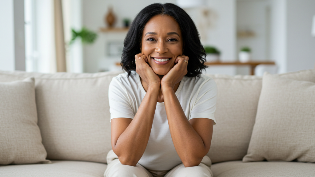 Woman sitting on her sofa looking happy